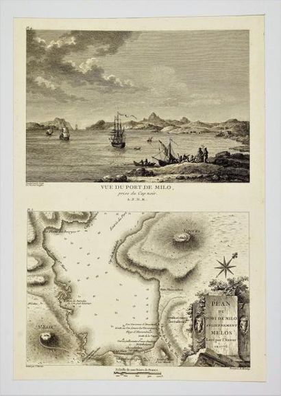 CYCLADES Gravure et carte marine du port de Milo, 50X33