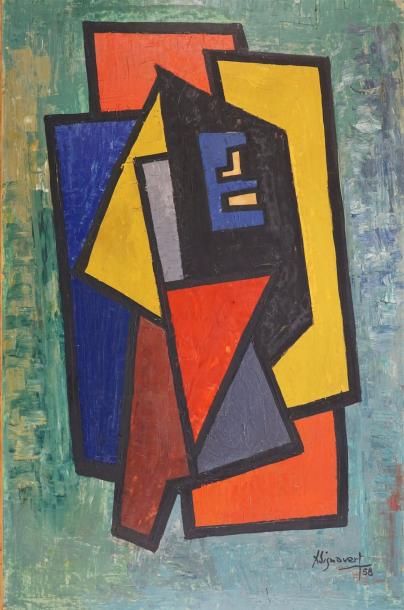 Jean SIGNOVERT (1919-1981) Composition abstraite, 1958 Huile sur panneau Signée en...