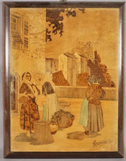 ROSENAU Tableau en marqueterie de bois représentant la Corse 39 x 29 cm