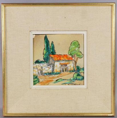 GIRAUD – VALLAURIS Plaque en céramique émaillée à décor de paysage 14 x 14 cm éc...