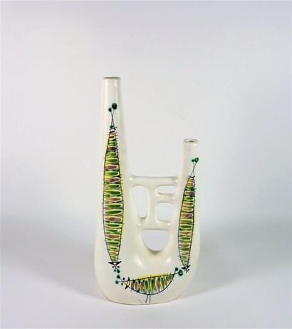 WEINE SAXE Vase soliflore double en céramique polychrome numéroté 244. H 37 cm.