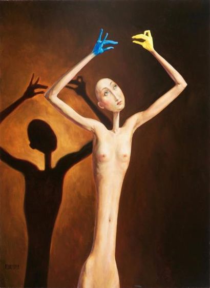 FEUILLOLEY Myriam (née en 1960) « Ombres chinoises» Huile sur toile 100 x 74 cm