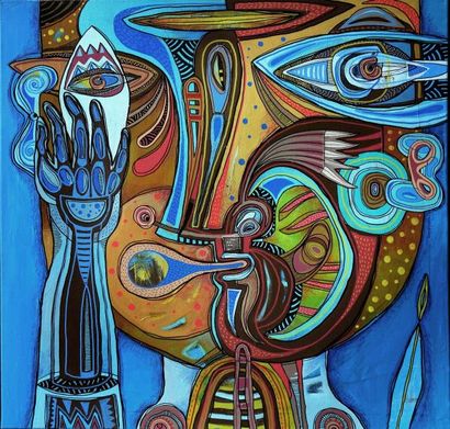 MEYER Éric (né en 1965) « La Main Bleue » Acrylique, feutres, crayons de couleurs...