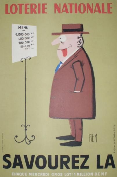 PIEM (né en 1923) LOTERIE NATIONALE.”SAVOUREZ LA”. 1961 Le Belier, Paris - 59 x 39...