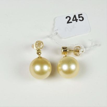 null Paire de pendants d'oreilles en or jaune 14K (585/oo) ornés de deux diamants...