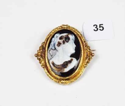 null Broche en or jaune 18K (750/oo) ornée d'un camée sur agate bicolore à décor...