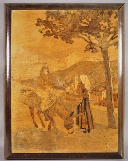 ROSENEAU Tableau en marqueterie de bois représentant la Corse 39 x 29 cm