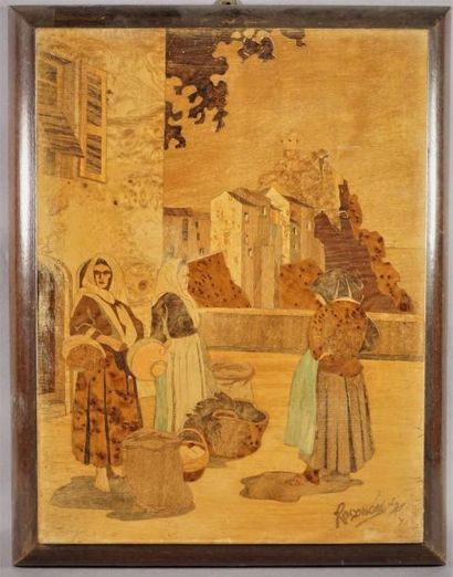 ROSENEAU Tableau en marqueterie de bois représentant la Corse 39 x 29 cm