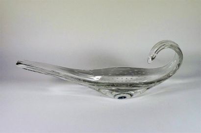 SCHNEIDER Grande coupe en cristal à décor de bulles en inclusion, signée. H 47 c...