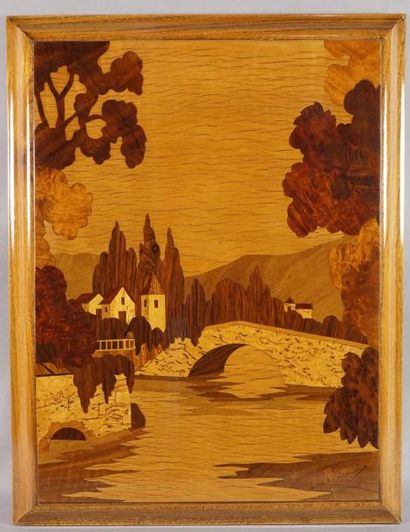 ROSENEAU Tableau en marqueterie de bois représentant un paysage
