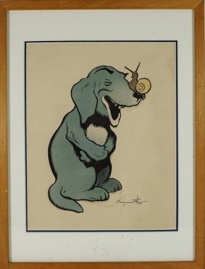 Benjamin RABIER (1869-1939) Chien à l'escargot , pochoir 29 x 23 cm