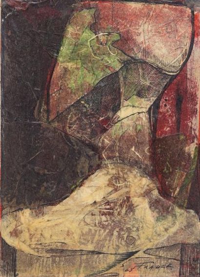 Paul FRANCK (1918 ) Femme au masque huile sur toile et collage signé en bas à droite...