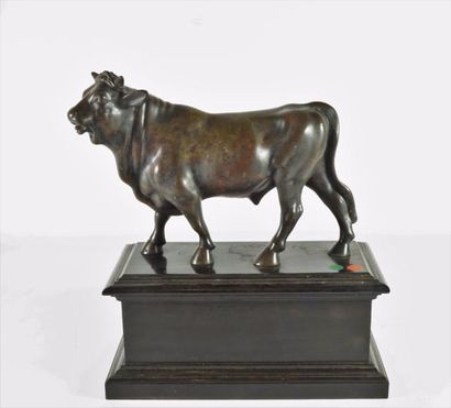 null Statuette en bronze patiné représentant un bœuf marchant, les cornes entourées...