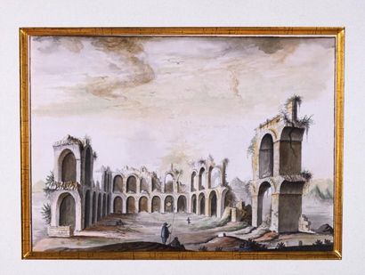 ECOLE XIXème SIECLE Ruines antiques. Lavis .14 x 20 cm