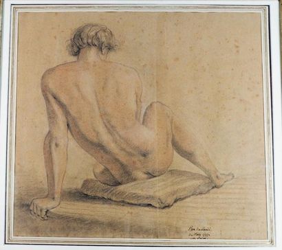 Ecole XVIIIème siècle Etude de nu de dos. Technique mixte .39 x 43 cm