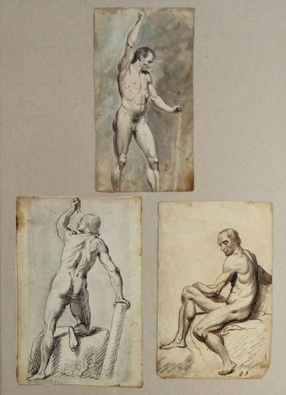 ECOLE XIXème SIECLE Trois études de nus masculins encadrés ensemble, technique mixte....