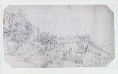 ECOLE XIXème SIECLE Paysage Italien. Dessin sur papier (déchirures et rousseurs)....