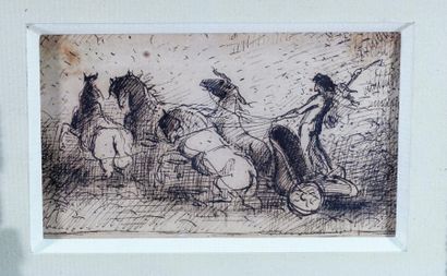ECOLE XIXème SIECLE Petite étude de chevaux. Encre sur papier. 6 x 11 cm (rousse...