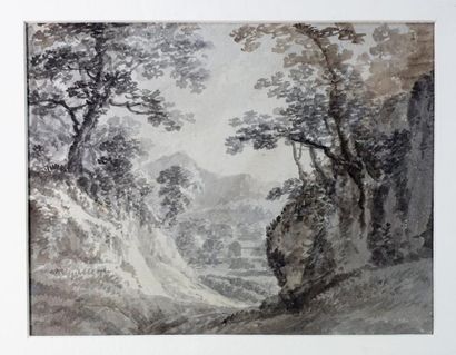 ECOLE XIXème SIECLE Paysage. Lavis sur papier .14 x 18 cm