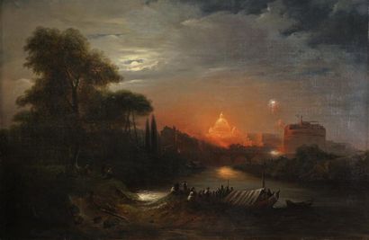 Jules COIGNET (1798 - 1860 ) Attribué à Feu d'artifice illuminant la basilique Saint...