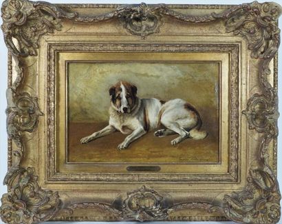 Eugène VERBOECKHOVEN (1798/99-1881) d'après Chien couché Huile sur toile porte une...