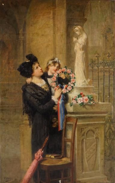 Adolf WEISZ (1838-c.1900) Alsacienne faisant une offrande à la vierge Huile sur toile...