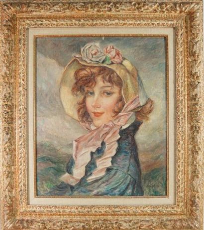 Abel Jules FAIVRE (1867-1945) Jeune fille au chapeau de fleurs Huile sur toile 46...