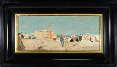 Pierre DAVAIN-LESAGE (1908-?). Scène de plage. Huile sur panneau. 33 x 14,5 cm