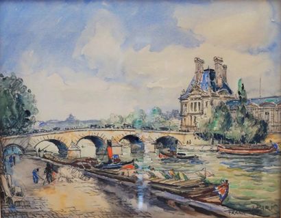 FRANCK-WILL (1900-1951) Vue du Louvre. Aquarelle signée en bas à droite. 21 x 27...