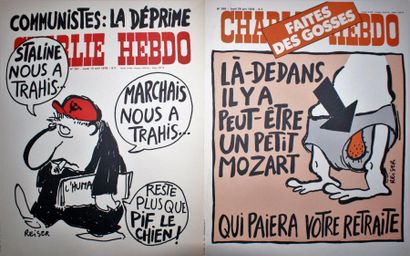 CHARLIE HEBDO – REISER (4 affichettes) 4 Affichettes kiosque de 1978 et 1979 La Téléimpression,...