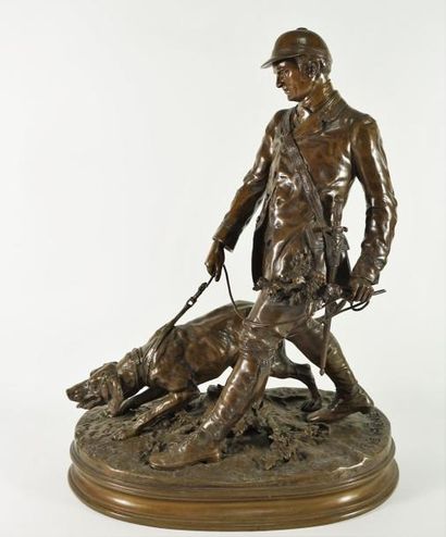 Pierre-Jules Mene (1810-1879) Le piqueur et son chien. Bronze signé sur la terrasse,...