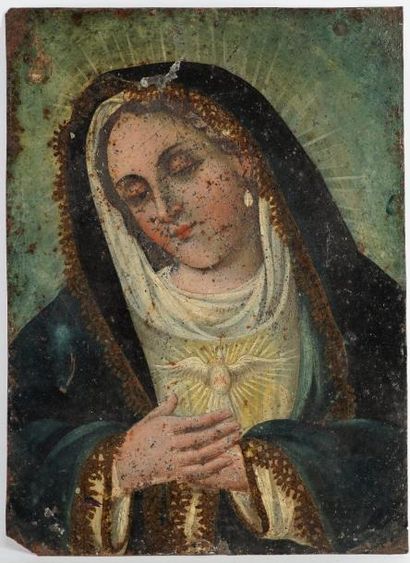 Ecole Sud Américaine Peinture sur tôle représentant la Vierge. Travail XIXème. 34...