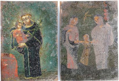 Ecole Sud Américaine Trois peintures sur tôle représentant des scènes religieuses....