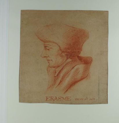 Ecole XVIIIème Portrait d' Erasme. Dessin à la sanguine. 28.5 x 27 cm à vue.