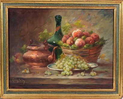 LANGLOIS Nature morte aux raisins et aux pêches. Huile sur toile ( réentoilée) signée...