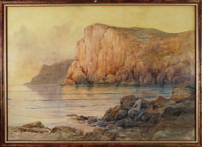 Ernest Louis LESSIEUX (1848-1925) Femme au bord de la mer. Aquarelle signée en bas...