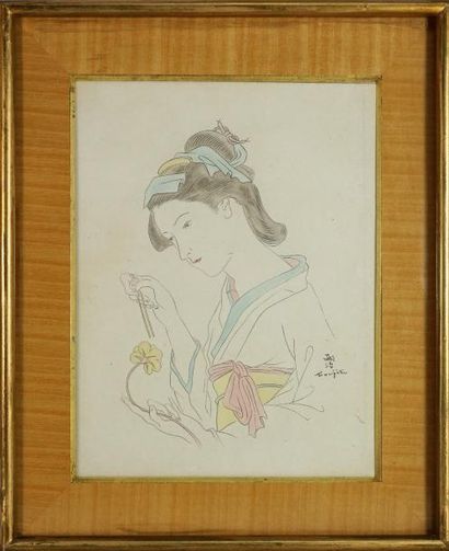 D'après Tsuguharu-Leonard FOUJITA Japonaise en kimono tenant une fleur, circa 1930...