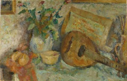 Ecole XXème Nature morte à la mandoline huile sur toile 60 x 92 cm