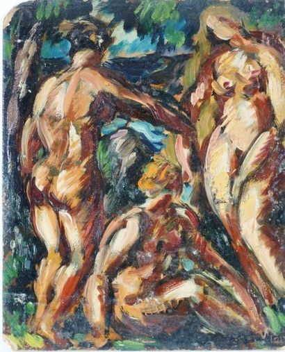 Roger Grillon (1881-1938) Etude de nus. Huile sur carton signée en bas à droite....