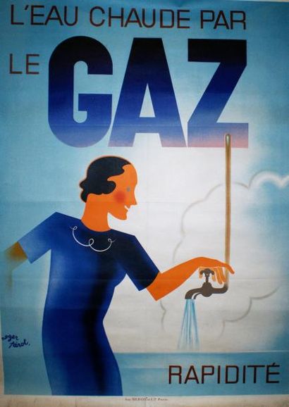 PEROT Roger (1908-1976) L’eau chaude par le GAZ.”Rapidité” Imprimerie Bedos & Cie,...