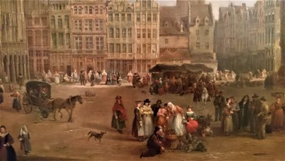 Paul LAUTERS (Bruxelles 1806 - 1875) Scène de marché sur la Grand-Place à Bruxelles....