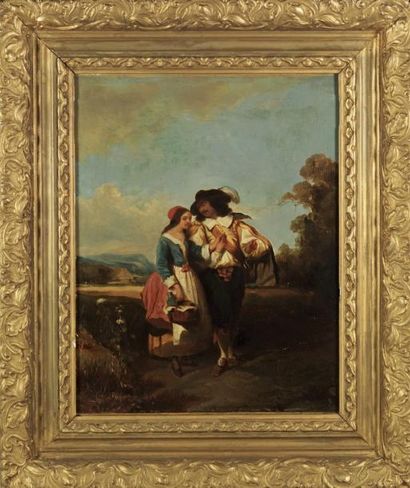 ECOLE FRANCAISE XIXè Scène galantes Paire d'huiles sur toiles 41x33 cm (réentoilées)....