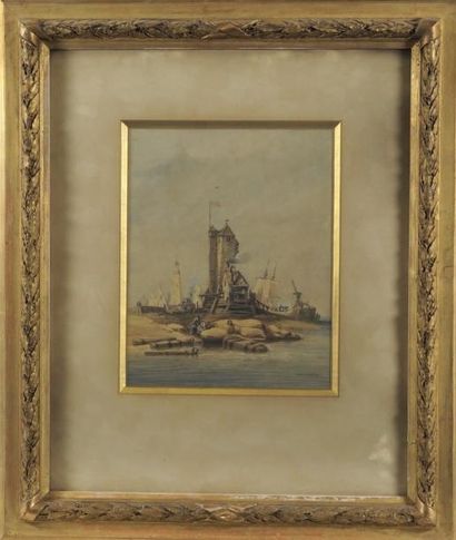 Jules Achille NOEL (1810-1881) Entrée de port. Aquarelle signée en bas à droite 28...
