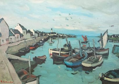R. LEBOUCHU (XXe) Port de pêche. Huile sur toile signée en bas à gauche 64x91 cm....