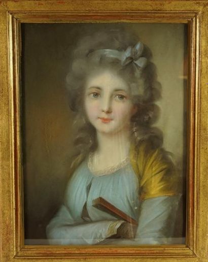 ÉCOLE FRANÇAISE XVIIIème Portrait de jeune fille à l’éventail, Pastel 46cm x 37c...