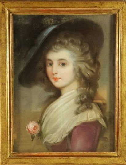 ÉCOLE FRANÇAISE XVIIIème Portrait de jeune fille à la rose, Pastel 46cm x 37cm