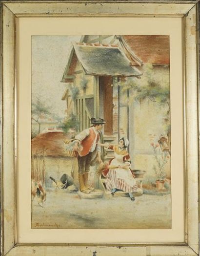 Auguste TOULMOUCHE (1829-1890) Scène galante campagnarde - Aquarelle signée en bas...