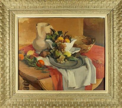 Jean JOVENEAU (1888- ?) Nature morte aux fruits, Huile sur toile 88 x 77cm.