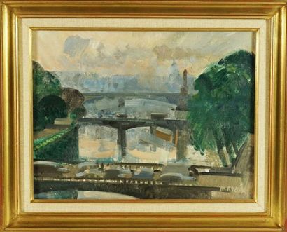 Dominique MAYET (1925) Le pont Notre Dame, Huile sur toile signée et datée 65. 27...