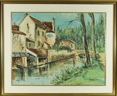 Jean-Pierre LAVOINE (1916 – 1999) Crécy, Gouache sur papier signée 49 x 62 cm.